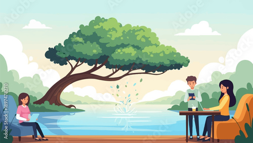 Two people work remotely by a tranquil lake with a large tree