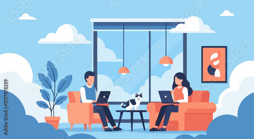 Two people work remotely from home with their cat on a table beside them