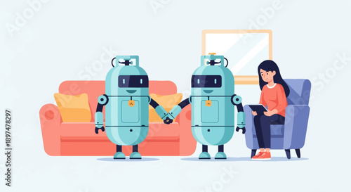 Two robots holding hands in a living room with a woman using a tablet