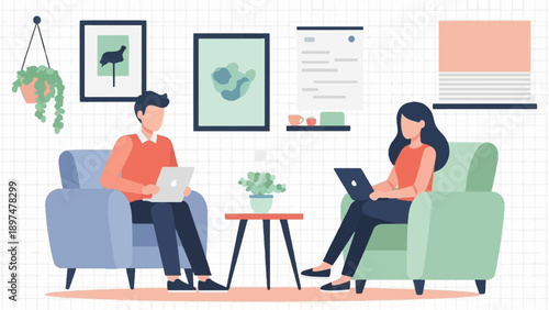 Two people working on laptops in a modern living room setting