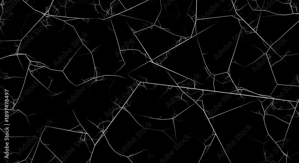 Fototapeta premium Black background with white cracked lines pattern abstract art design geometric shapes fractured light dark texture