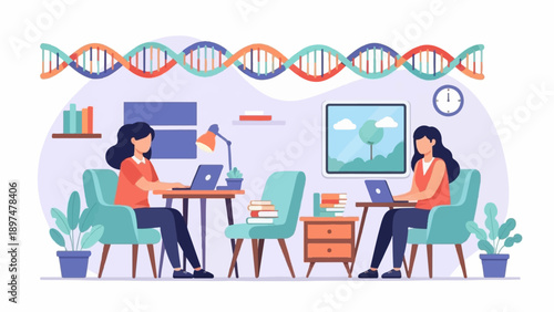 Two people working on laptops in a study room with DNA strands