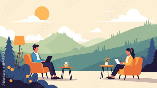 Two people work remotely on laptops in comfortable chairs amidst serene nature