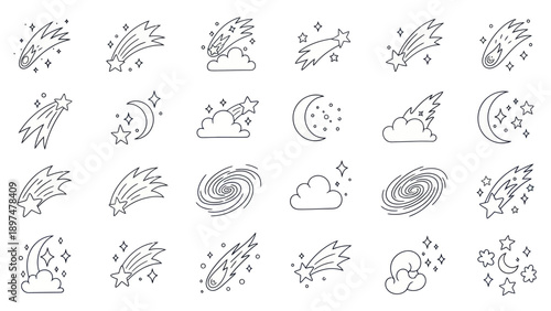 Cosmic Icons: Shooting Stars, Galaxies, Moons, Clouds - Line Art Collection