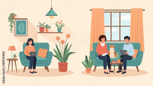 Two scenes of people working and relaxing at home with plants and pets