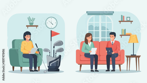 Two scenes person with golf clubs, couple discussing on sofa