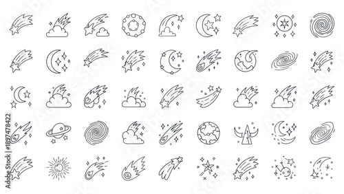 Cosmic Icons: Shooting Stars, Galaxies, Planets, Moon, Sun Silhouette Collection