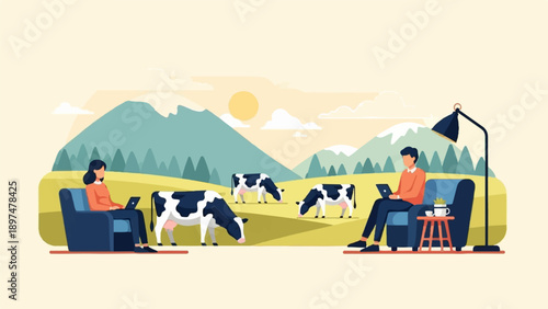 Two people work remotely on laptops in comfortable chairs outdoors near cows