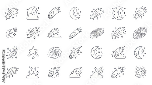 Cosmic Icons: Shooting Stars, Moons, Galaxies & Nebulas - Thin Line Art Collection