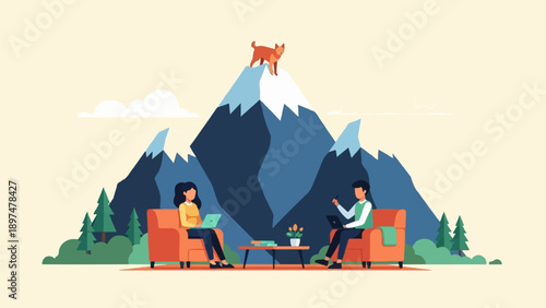 Two people work remotely on laptops in cozy chairs with mountains and a dog backdrop
