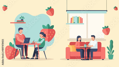 Two scenes people working and relaxing at home, surrounded by strawberries