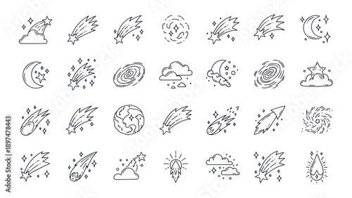Cosmic Icons: Shooting Stars, Planets, Clouds, Galaxy, Moon, Stars & Meteor Shower