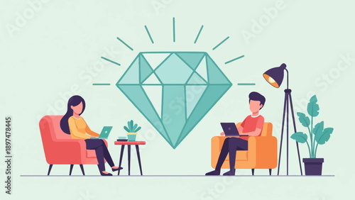 Two people working on laptops in comfortable chairs with a large diamond above