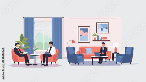 Two separate scenes of people in comfortable living rooms, one consulting, one working