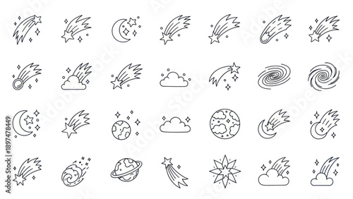 Cosmic Icons: Shooting Stars, Planets, Galaxies and Clouds - Line Art Set