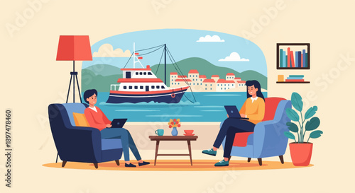 Two people working on laptops in comfortable chairs, looking out at a harbor