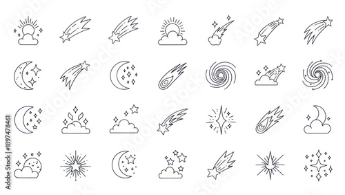 Cosmic Icons: Starbursts, Comets, Moon, Sun, Clouds, Galaxy, Twinkling Stars