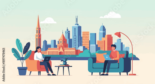 Two people working on laptops in comfortable chairs with city skyline background