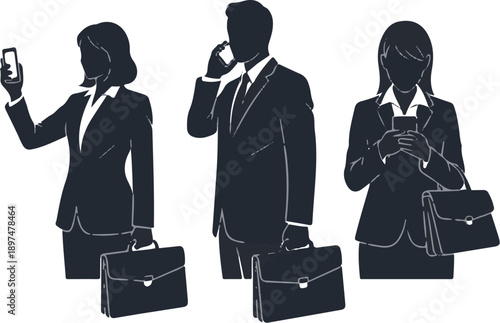 Three business people in suits, two women and one man, using phones and carrying briefcases