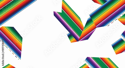 Colorful striped fabric fragments arranged dynamically on a white background