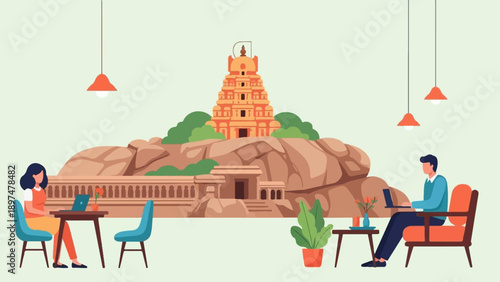 Two people work remotely with laptops in a cafe setting, overlooking a temple