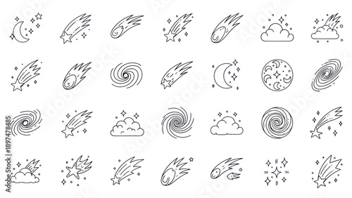 Cosmic Icons: Stars, Comets, Galaxies, Moons, and Clouds Set