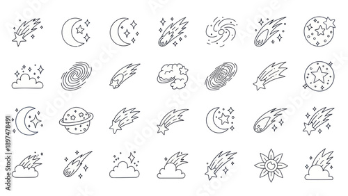 Cosmic Icons: Stars, Meteors, Galaxies, Moon, Planets & Clouds - Line Art Set