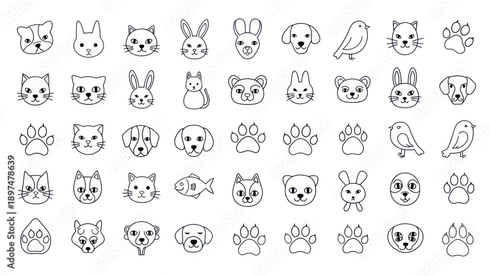 Fototapeta premium Cute Animal Faces and Paws Icons: Dog, Cat, Rabbit, Bird, Fish - Line Art Collection