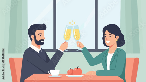 Two smiling people clinking glasses of champagne over a table