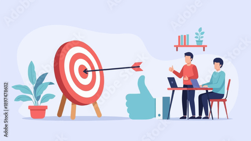 Two people working at desks near a target with an arrow and a thumb up