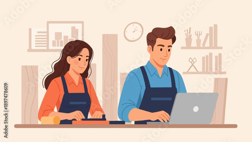 Two people working at desks, one with a laptop, in a cozy room