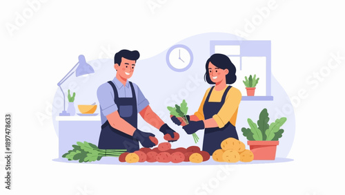 Two smiling people in aprons preparing potatoes and greens for cooking