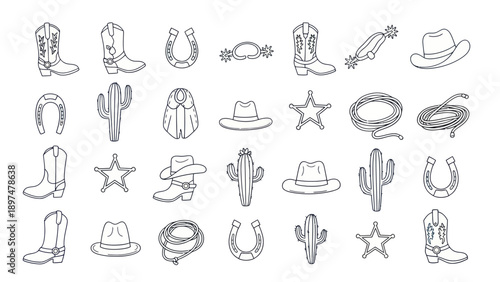 Cowboy Western Icons Set: Boots, Hats, Cactus, Horseshoe, Lasso, Star, Spurs
