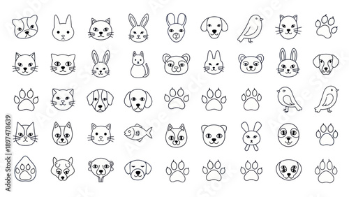 Cute Animal Faces and Paws Icons: Dog, Cat, Rabbit, Bird, Fish - Line Art Collection