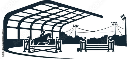 Equestrian jumping event with covered arena and stadium lights