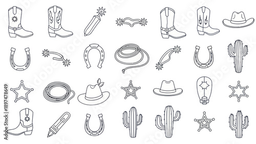 Cowboy Western Icons Set: Boots, Hats, Horseshoes, Cacti, Lasso, Spurs, Sheriff Star
