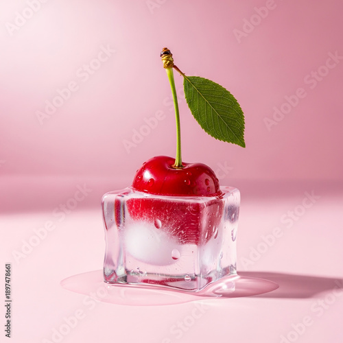 Cherry half-submerged in transparent ice cube, frozen-fresh contrast for premium beverage and beauty advertising visuals