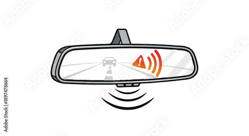Rearview mirror shows approaching vehicle with proximity warning indicator and sensor signals