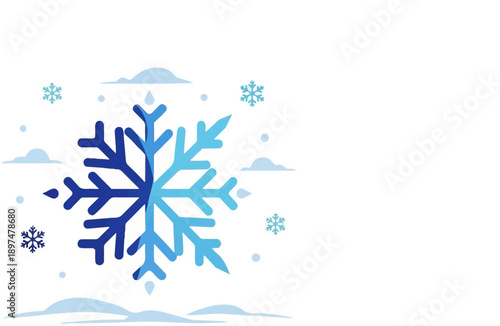 Abstract winter scene with large snowflake, smaller flakes, and stylized clouds