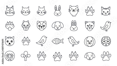 Cute Animal Icons: Cats, Dogs, Bunnies, Birds, Fish, Paw Prints - Line Art