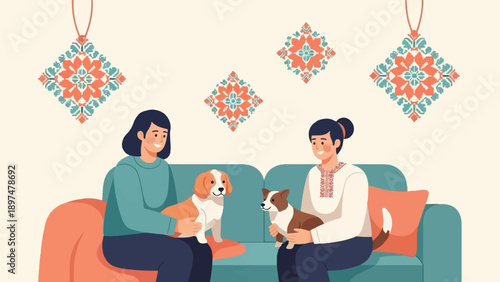 Two smiling people relax on a teal couch with their small dogs