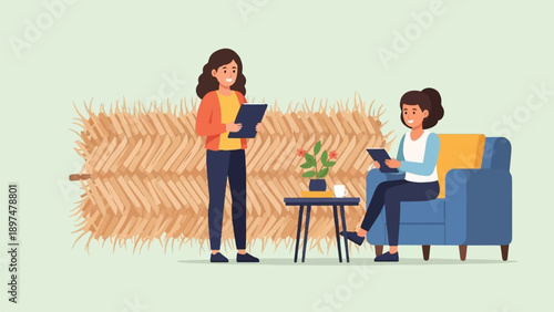 Two smiling women interact while sitting and standing near a textured wall