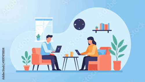 Two people working on laptops on comfortable chairs in a home office setting