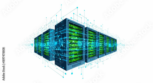 Digital server racks with glowing green lights and blue network connections on white background