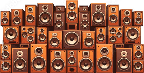 Large display of vintage audio speakers in a chaotic arrangement