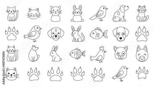 Cute Animal Icons Set: Cats, Dogs, Birds, Rabbits, Fish, Paw Prints