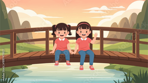 Two smiling young girls in pink shirts and blue jeans on a bridge