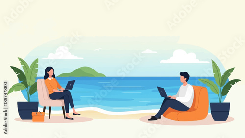 Two people working on laptops at a beach with plants and ocean
