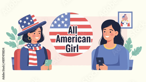 Two smiling young women, one in patriotic hat and scarf, holding phones