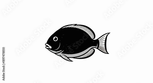 Stylized black fish with gray fins and white eye on white background